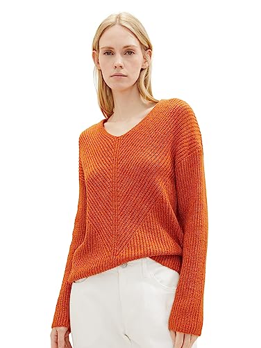 TOM TAILOR Damen 1039242 Basic Pullover mit V-Ausschnitt, 32403-gold Flame orange Melange, S von TOM TAILOR