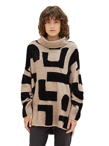 TOM TAILOR Damen Rollkragen-Pullover mit Muster, beige geometric knit pattern, XXXL von TOM TAILOR