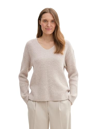 TOM TAILOR Damen RIPP Strickpullover mit V-Ausschnitt, 25955 - Dusty Beige Melange, L von TOM TAILOR