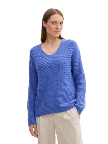 TOM TAILOR Damen RIPP Strickpullover mit V-Ausschnitt, 35896 - Preppy Jean Blue Melange, XXXL von TOM TAILOR