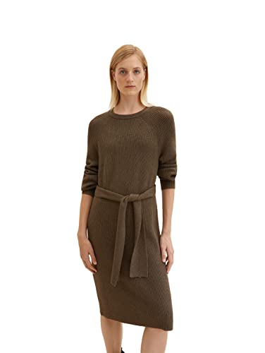 TOM TAILOR Damen Strickkleid mit Bindegürtel 1034084, 30668 - Tarmac Khaki Melange, 34 von TOM TAILOR