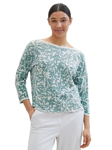 TOM TAILOR Damen Strickpullover mit Print, 34859 - Green Abstract Leaf Print Knit, L von TOM TAILOR