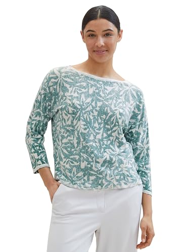 TOM TAILOR Damen Strickpullover mit Print, 34859 - Green Abstract Leaf Print Knit, S von TOM TAILOR