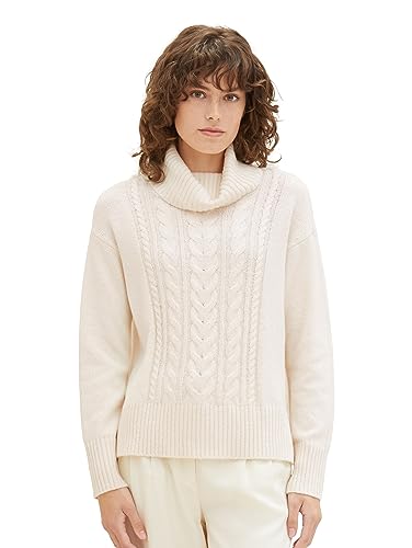 TOM TAILOR Damen Strickpullover mit Rollkragen, soft beige melange, M von TOM TAILOR