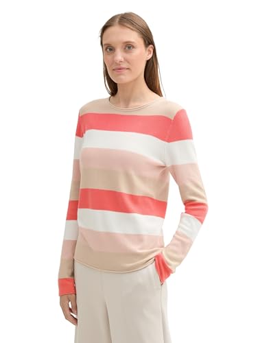 TOM TAILOR Damen Strickpullover mit Rundhals, 35085 - Rose Red Ottoman Stripe, XXL von TOM TAILOR