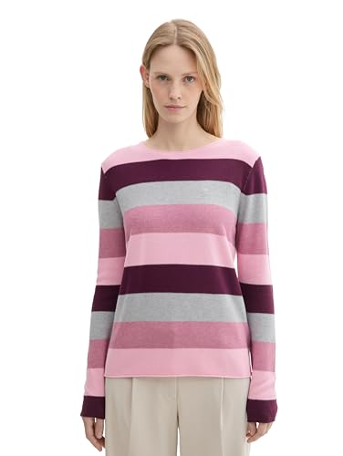 TOM TAILOR Damen Strickpullover mit Rundhals, 36285 - Red Block Stripe, XXL von TOM TAILOR
