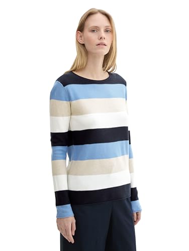 TOM TAILOR Damen Strickpullover mit Rundhals, 36290 - Blue Block Stripe, M von TOM TAILOR