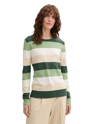 TOM TAILOR Damen Strickpullover mit Rundhals, 37226 - Green Beige Block Stripe, XL von TOM TAILOR