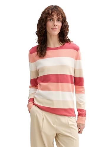 TOM TAILOR Damen Strickpullover mit Rundhals, 37227 - Red Apricot Block Stripe, XL von TOM TAILOR
