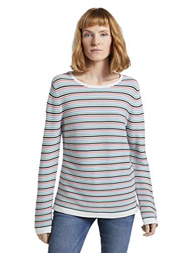 TOM TAILOR Damen Basic Strickpullover aus Bio-Baumwolle, 26249 - Peach Multicolor Stripe, L von TOM TAILOR