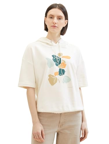 TOM TAILOR Damen Sweatshirt mit Print & Kapuze, Whisper White, M von TOM TAILOR