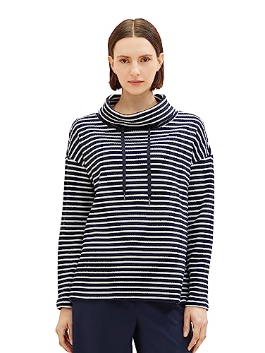 TOM TAILOR Damen 1038878 Sweatshirt mit Schalkragen, 32397-navy Offwhite Stripe, M von TOM TAILOR