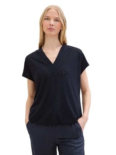 TOM TAILOR Damen Basic Blusen-Shirt mit Lochstickerei-Details, sky captain blue, XXL von TOM TAILOR