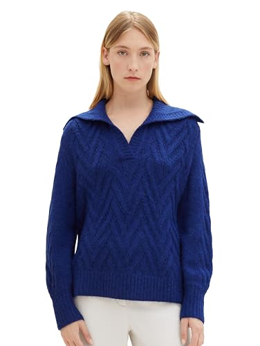 TOM TAILOR Damen Troyer Strickpullover mit Struktur, crest blue melange, L von TOM TAILOR