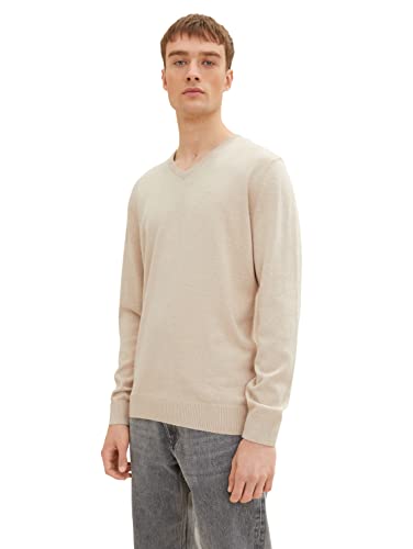 TOM TAILOR Herren 1027665 Basic Strickpullover mit V-Ausschnitt, 13523 - Cargo Beige Melange, S von TOM TAILOR