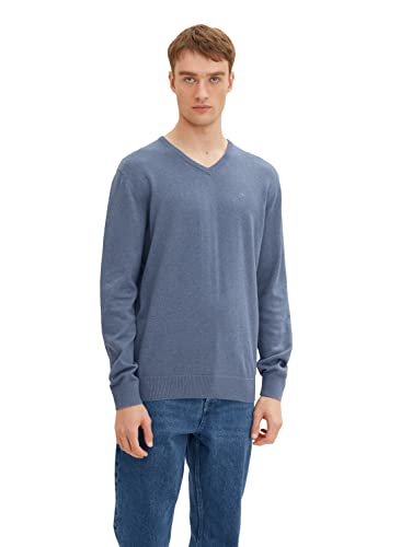 TOM TAILOR Herren 1027665 Basic Strickpullover mit V-Ausschnitt, 31083 - Greyish Mid Blue Melange, S von TOM TAILOR