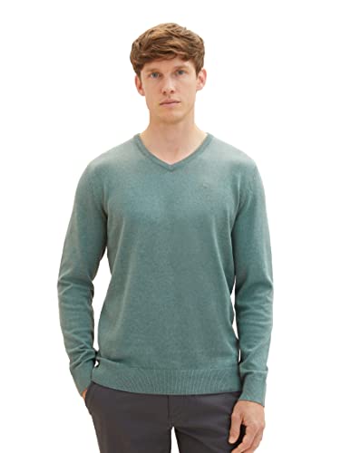 TOM TAILOR Herren 1027665 Basic Strickpullover mit V-Ausschnitt, 32619-green dust Melange, S von TOM TAILOR