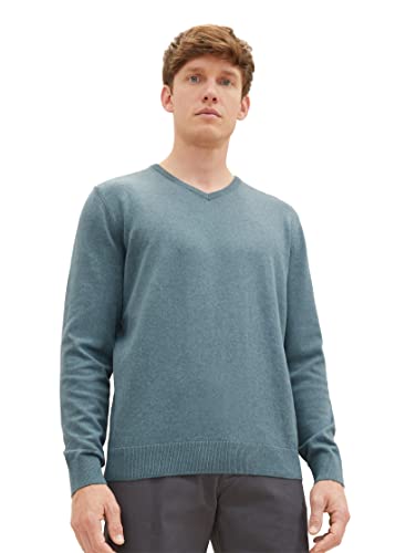 TOM TAILOR Herren 1027665 Basic Strickpullover mit V-Ausschnitt, 32714-dusty Dark Teal Melange, M von TOM TAILOR