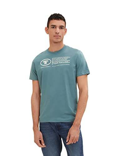 TOM TAILOR Herren Basic T-Shirt mit Print aus Baumwolle, deep bluish green, M von TOM TAILOR