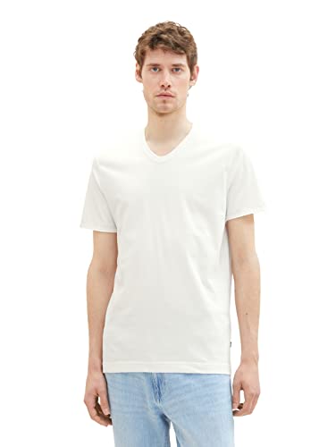 TOM TAILOR Herren 1036403 Basic T-Shirt mit V-Ausschnitt, 10332-Off White, S von TOM TAILOR