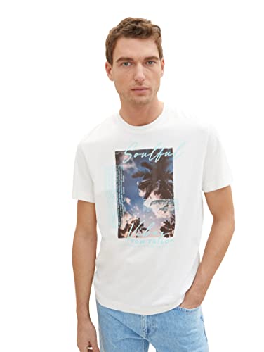 TOM TAILOR Herren 1036415 T-Shirt mit Sommer-Print, 10332-Off White, XXL von TOM TAILOR