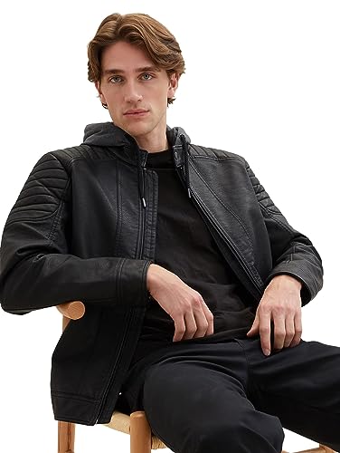 TOM TAILOR Herren 1037340 Fake-Lederjacke im Biker-Style mit Abnehmbarer Kapuze & Innenjacke aus Jersey, 29999-Black, L von TOM TAILOR