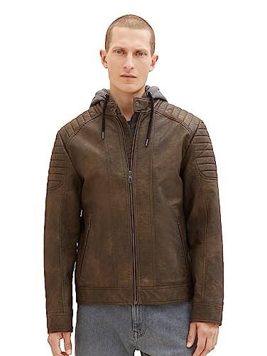 TOM TAILOR Herren 1037340 Lederjacke im Biker-Style mit Abnehmbarer Kapuze & Innenjacke aus Jersey, 30513-buffalo Brown Fake Leather, XXL von TOM TAILOR