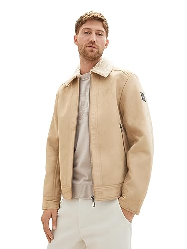 TOM TAILOR Herren 1037361 Fake-Lederjacke mit Teddy-Kragen, 10942-Beach Sand, L von TOM TAILOR