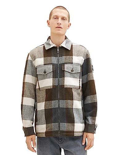TOM TAILOR Herren 1037405 Flanell Karo-Jacke mit Teddyfell im Innenfutter, 32531-beige Tonal Check, M von TOM TAILOR