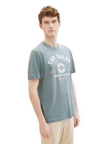 TOM TAILOR Herren T-Shirt mit Logo-Print aus Baumwolle, grey mint, XL von TOM TAILOR