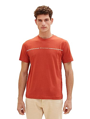 TOM TAILOR Herren T-Shirt mit Streifen-Print & Logo, 14302 - Velvet Red, M von TOM TAILOR