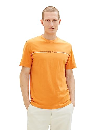 TOM TAILOR Herren T-Shirt mit Streifen-Print & Logo, 32243 - Tomato Cream Orange, L von TOM TAILOR