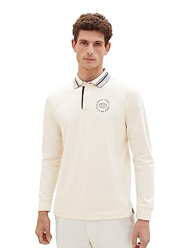 TOM TAILOR Herren 1037813 Longsleeve Poloshirt mit Logo-Print, 18592-vintage beige, L von TOM TAILOR