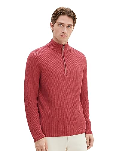 TOM TAILOR Herren 1038243 Mouliné Strick-Pullover mit Troyer-Kragen, 32621-burned Bordeaux red Melange, XL von TOM TAILOR