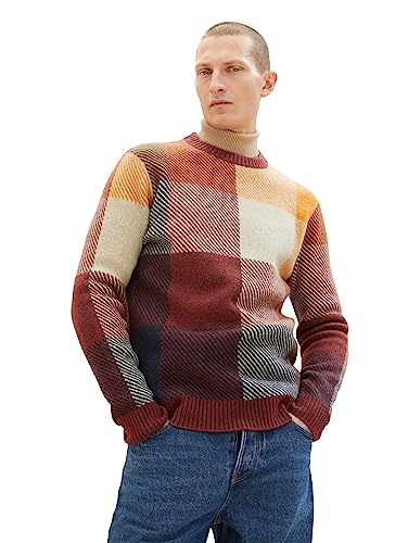 TOM TAILOR Herren 1038248 Cosy Strick-Pullover mit Karomuster, 32310-orange Colorful Block Check, XXL von TOM TAILOR