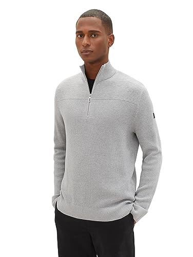 TOM TAILOR Herren 1038315 Strukturierter Strick-Pullover mit Troyer-Kragen, 12035-Grey Heather Melange, S von TOM TAILOR