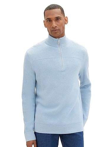 TOM TAILOR Herren 1038315 Strukturierter Strick-Pullover mit Troyer-Kragen, 13155-Daylight Blue Melange, M von TOM TAILOR