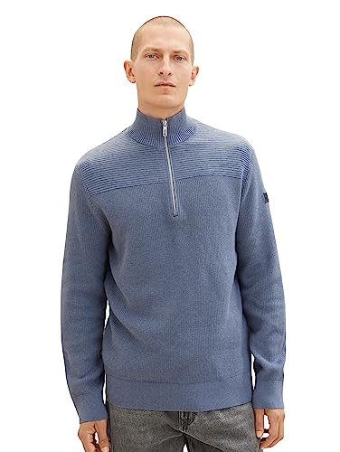 TOM TAILOR Herren 1038315 Strukturierter Strick-Pullover mit Troyer-Kragen, 18964-vintage Indigo Blue Melange, M von TOM TAILOR