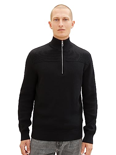 TOM TAILOR Herren 1038315 Strukturierter Strick-Pullover mit Troyer-Kragen, 29999-Black, L von TOM TAILOR