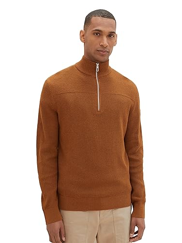 TOM TAILOR Herren 1038315 Strukturierter Strick-Pullover mit Troyer-Kragen, 30313-equestrian Brown Melange, L von TOM TAILOR