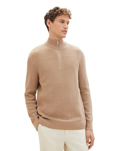 TOM TAILOR Herren 1038315 Strukturierter Strick-Pullover mit Troyer-Kragen, 31089-hazel Brown Melange, L von TOM TAILOR