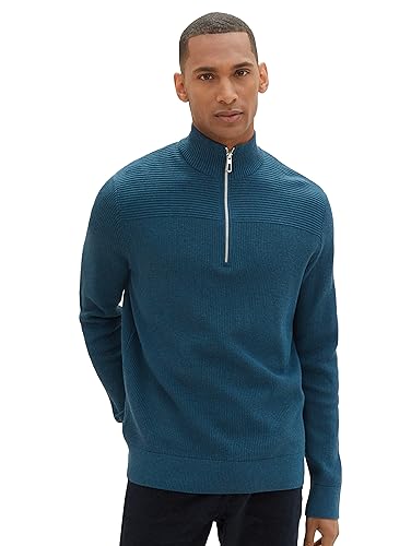 TOM TAILOR Herren 1038315 Strukturierter Strick-Pullover mit Troyer-Kragen, 34157-dark Green Melange, L von TOM TAILOR