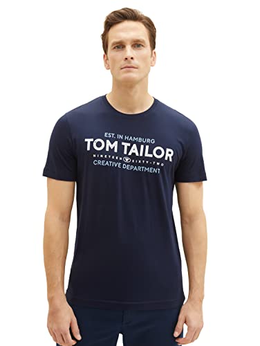 TOM TAILOR Herren 1038663 T-Shirt mit Logo-Print, 10668-Sky Captain Blue, S von TOM TAILOR