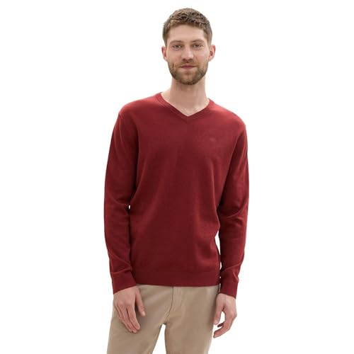TOM TAILOR Herren 1039806 Basic Pullover mit V-Ausschnitt aus Baumwolle, 35676-Burgundy Dark Red Melange, X-Large von TOM TAILOR