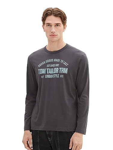 TOM TAILOR Herren 1039836 Langarmshirt mit Logo-Print, 10899-Tarmac Grey, L von TOM TAILOR