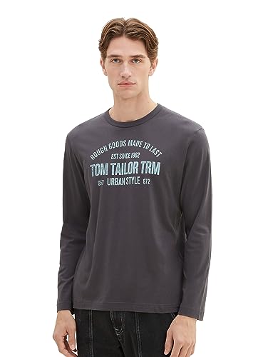 TOM TAILOR Herren 1039836 Langarmshirt mit Logo-Print, 10899-Tarmac Grey, XL von TOM TAILOR
