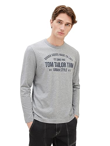 TOM TAILOR Herren 1039836 Langarmshirt mit Logo-Print, 12035-Grey Heather Melange, S von TOM TAILOR