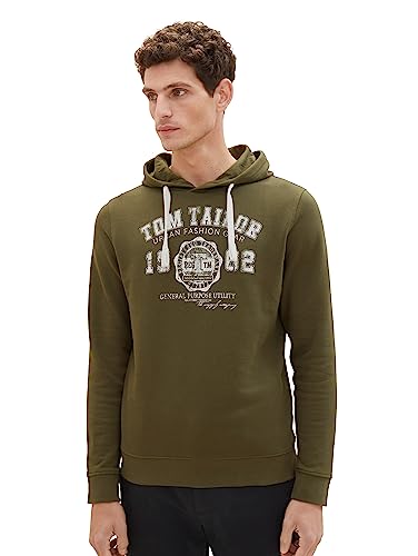 TOM TAILOR Herren 1039896 Basic Hoodie mit Logo-Print, 13050-Olive Night Green, L von TOM TAILOR