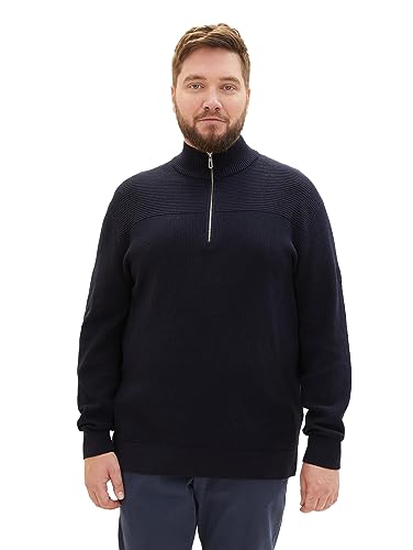 TOM TAILOR Herren 1039936 Strukturierter Strick-Pullover mit Troyer-Kragen, 13160-Knitted Navy Melange, 3XL von TOM TAILOR