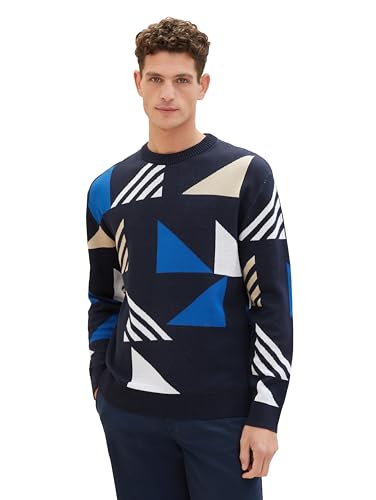 TOM TAILOR Herren Comfort Fit Jaquard Strickpullover mit Muster, 34802 - Multi Color Triangle Design, L von TOM TAILOR